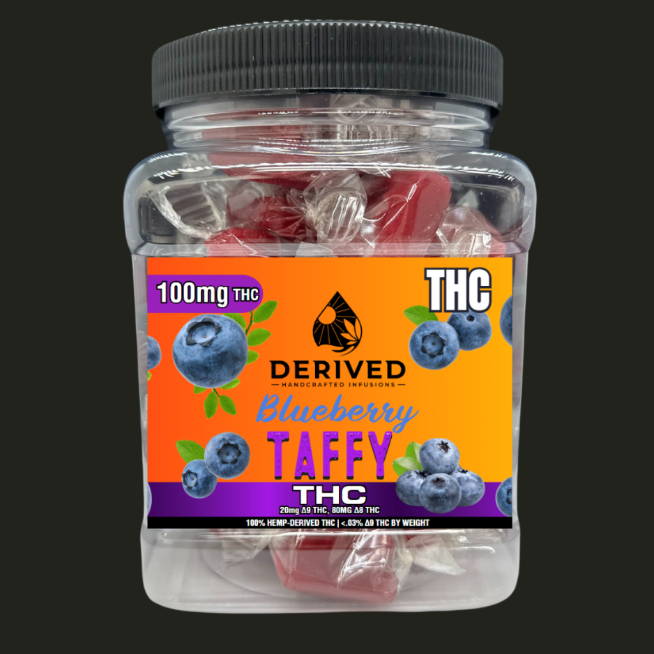 35-count mini jar of THC blueberry taffy with Derived branding on a black background