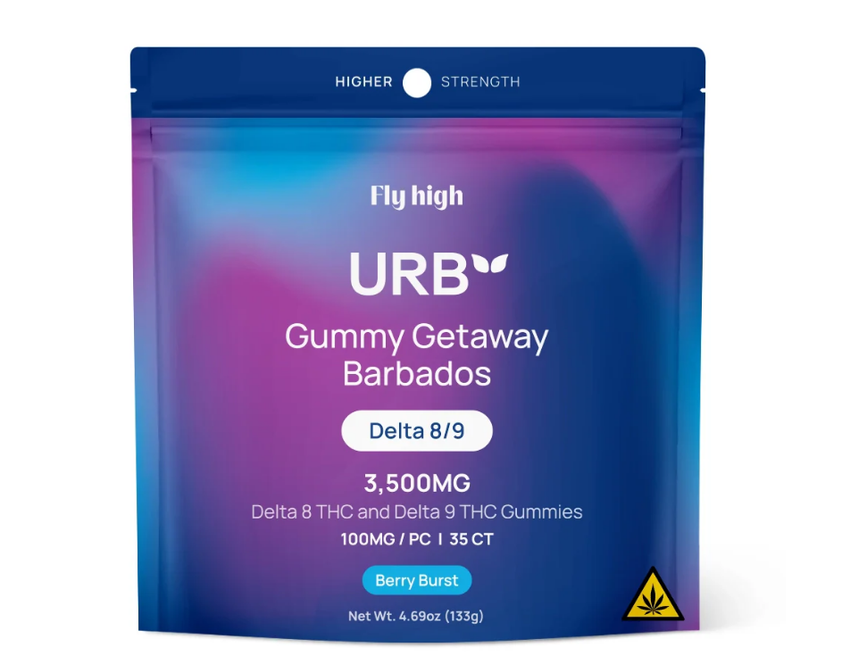URB gummy product packaging with blue and purple gradient on a white background