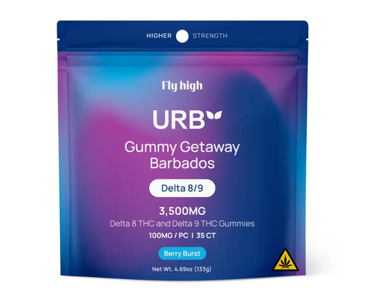 URB gummy product packaging with blue and purple gradient on a white background